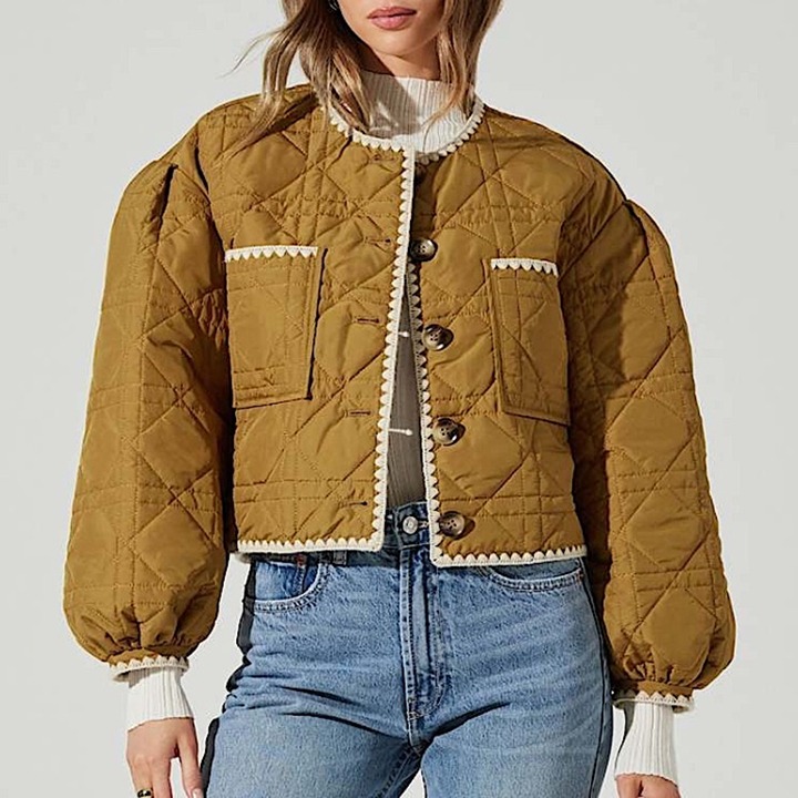 ASTR Acacia Cropped Quilted Puffer Jacket Embroidered Accents Puff Sleeve Ginger