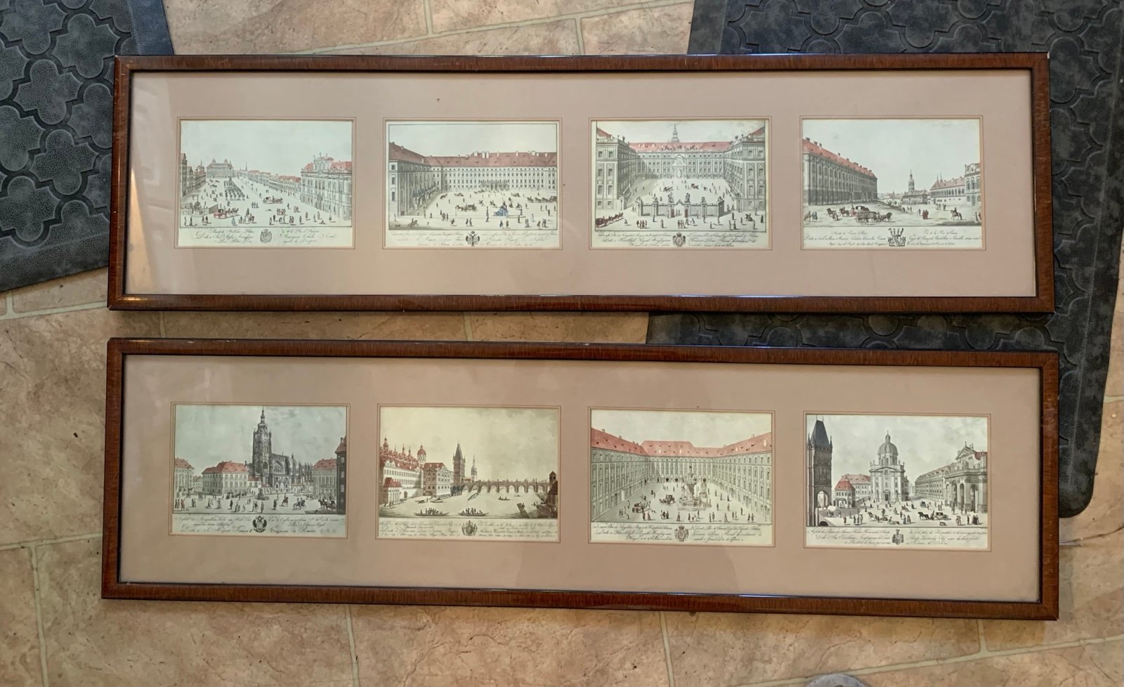 Pair of Antique Vintage Framed European Scenes French? Buildings shabby chic