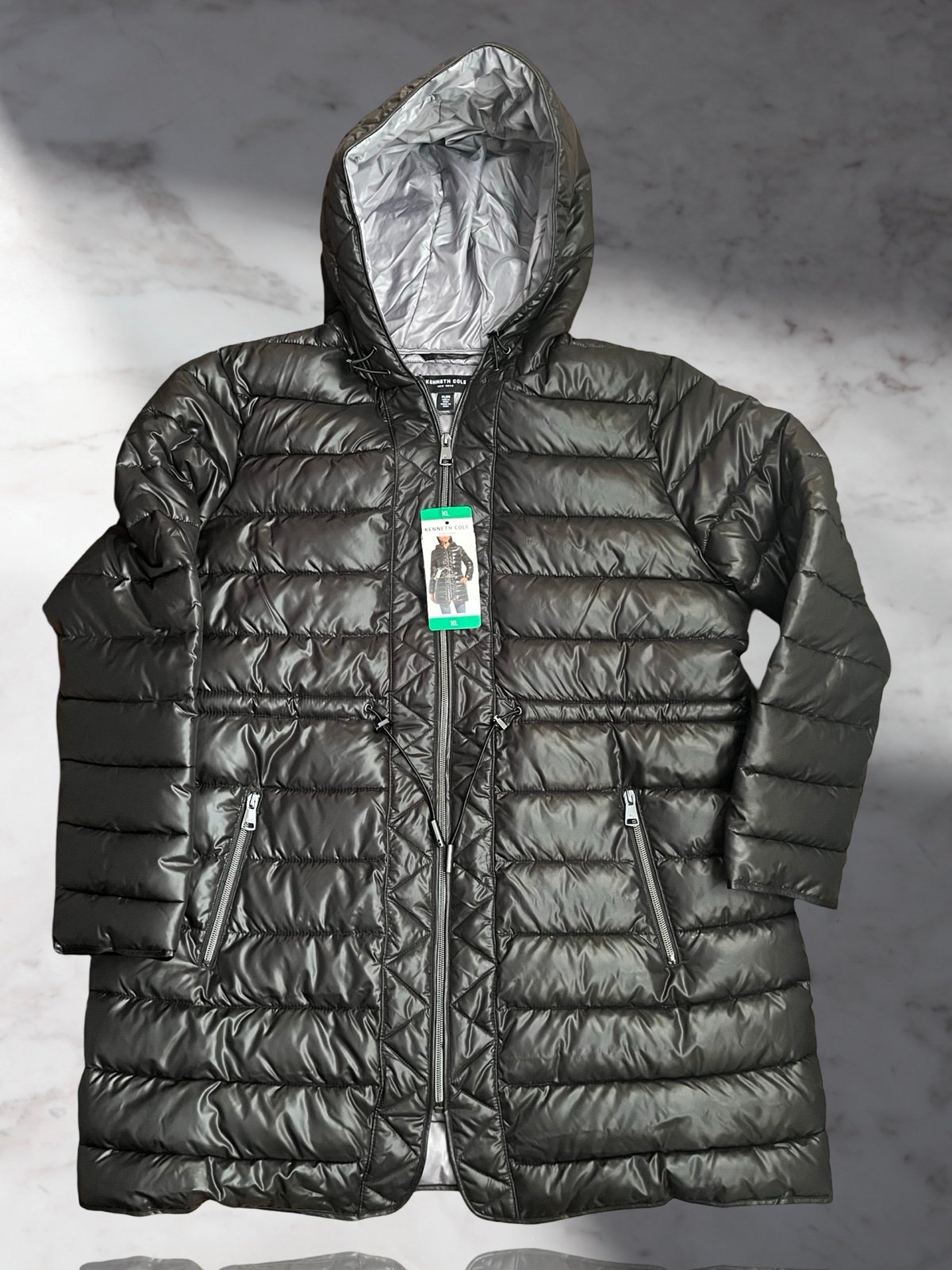 Kenneth Cole Black Puffer Jacket with Quilted Design and Hood
