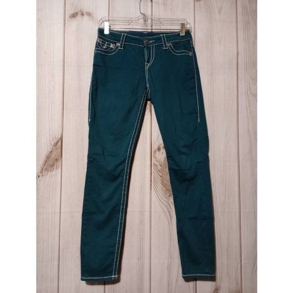 True Religion Pants Ladies 26 Teal Chino Embroidered Pocket Skinny
