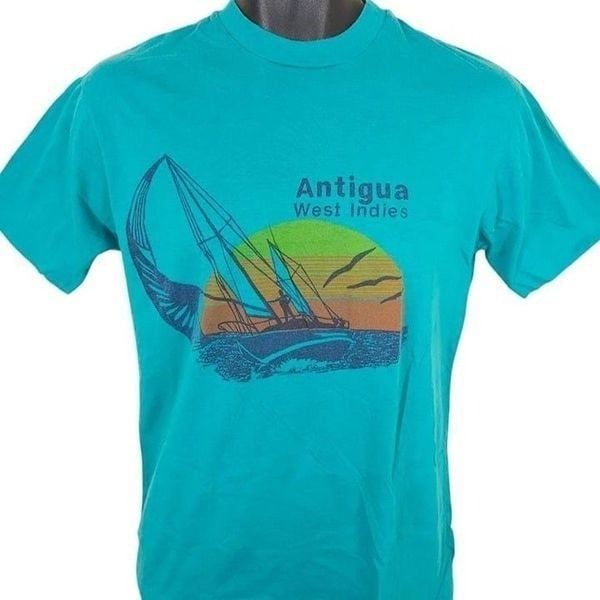 Vintage Antigua T Shirt Mens Size Medium Blue 80s West Indies Sailing Made In US