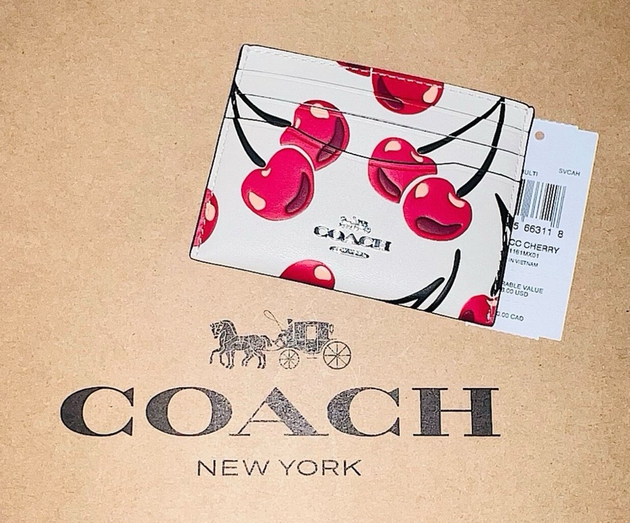 COACH Slim Id Card Case Wallet With Cherry Print CAA87 AUTHENTIC NEW!