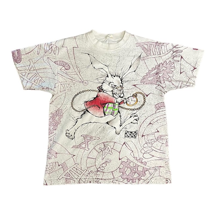 Vintage Alice In Wonderland I’m Late White Rabbit AOP T-shirt Rare