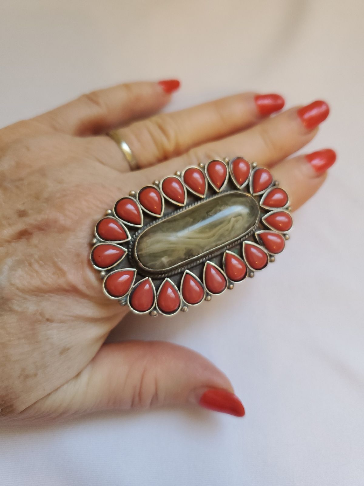 Large Tibetan Copal+Red Stones Ring sz 6