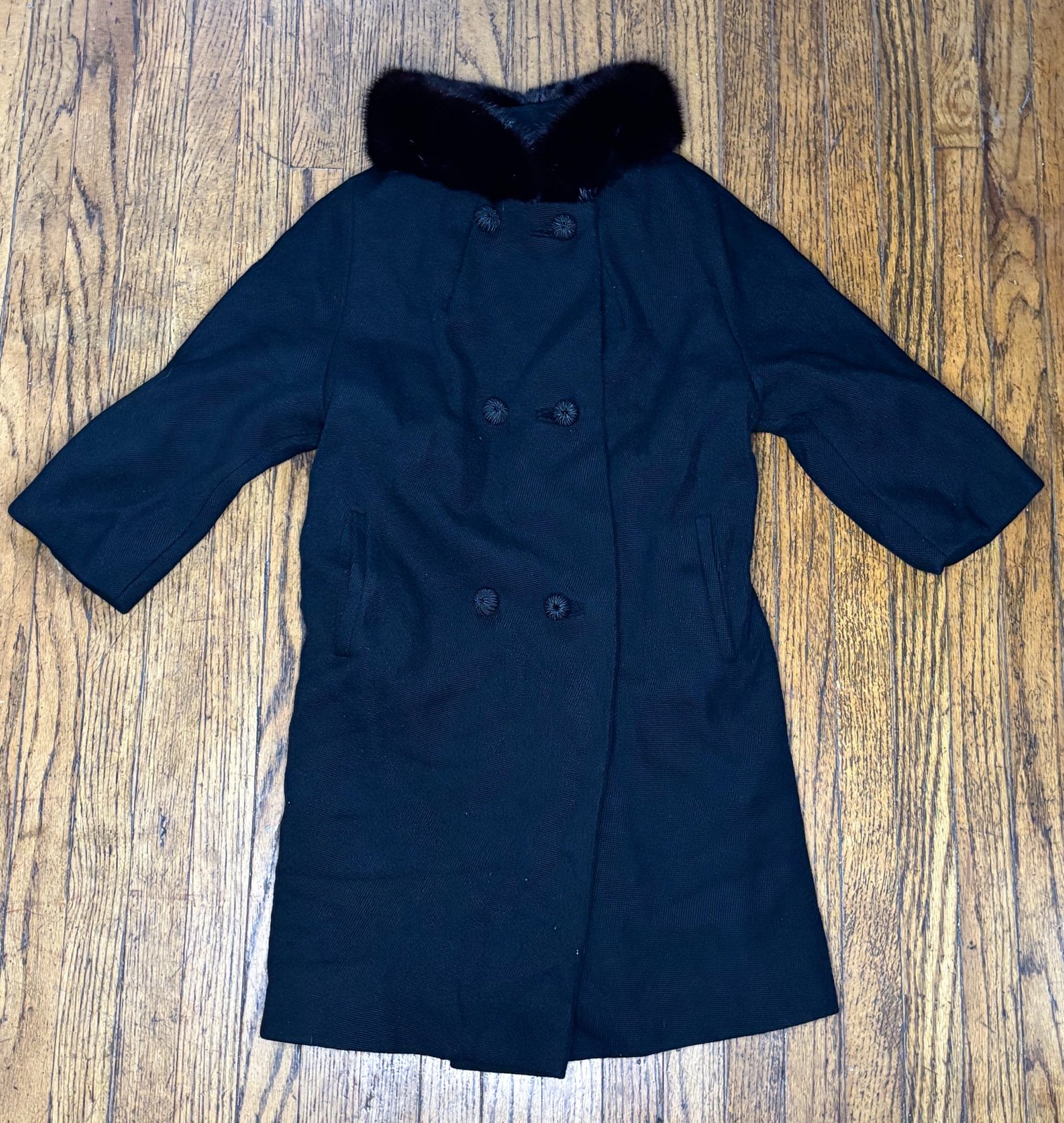 Vintage Stevens Hockanum Black Double Breasted Coat Small Fur Collar Gothcore