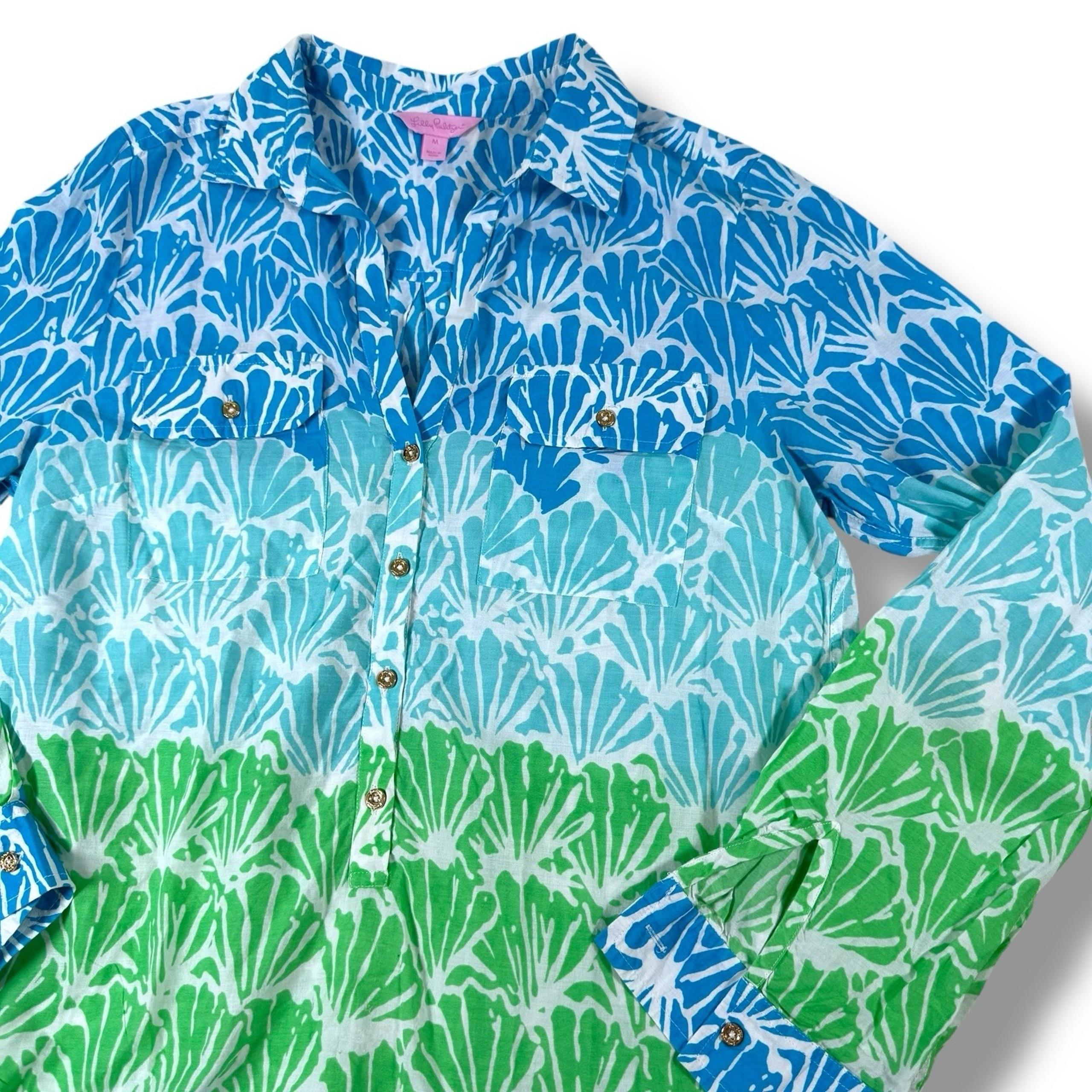 Lilly Pulitzer Captiva Tunic Top Women Size Medium Blue Green Shell Shacked