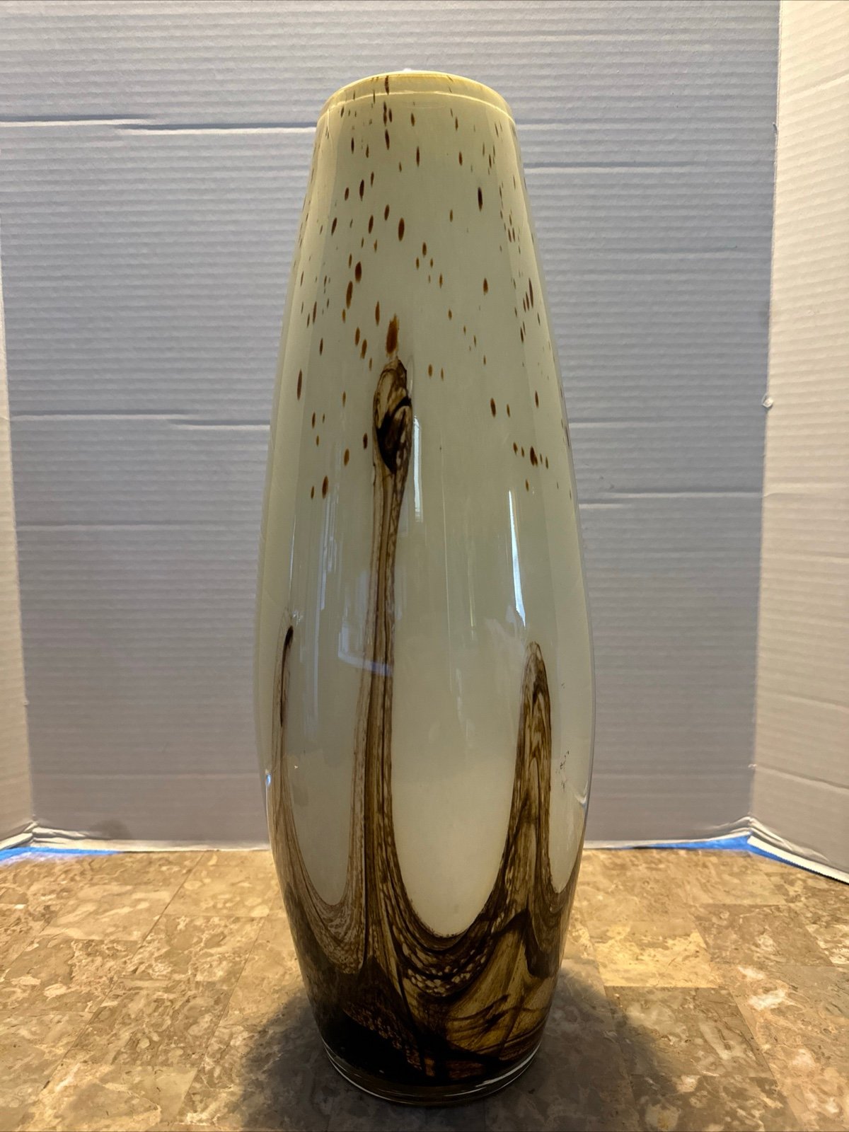 Vintage Large Midcentury Murano Art Glass Vase, Beige Amber Brown Swirl Drip 20
