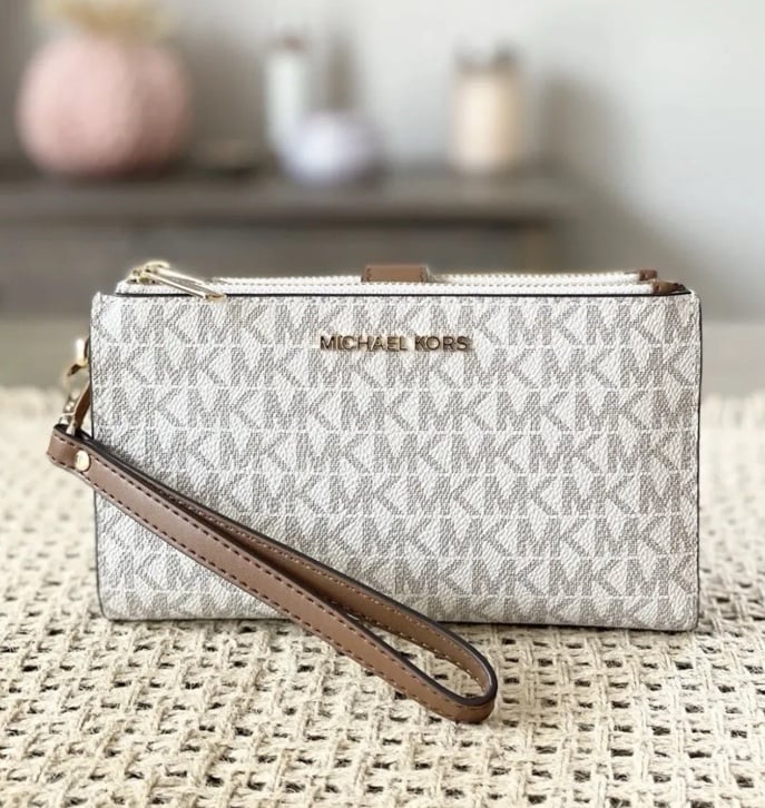 Michael Kors Jet Set Large Double Zip Phone Wristlet MK Signature Vanilla/Acorn