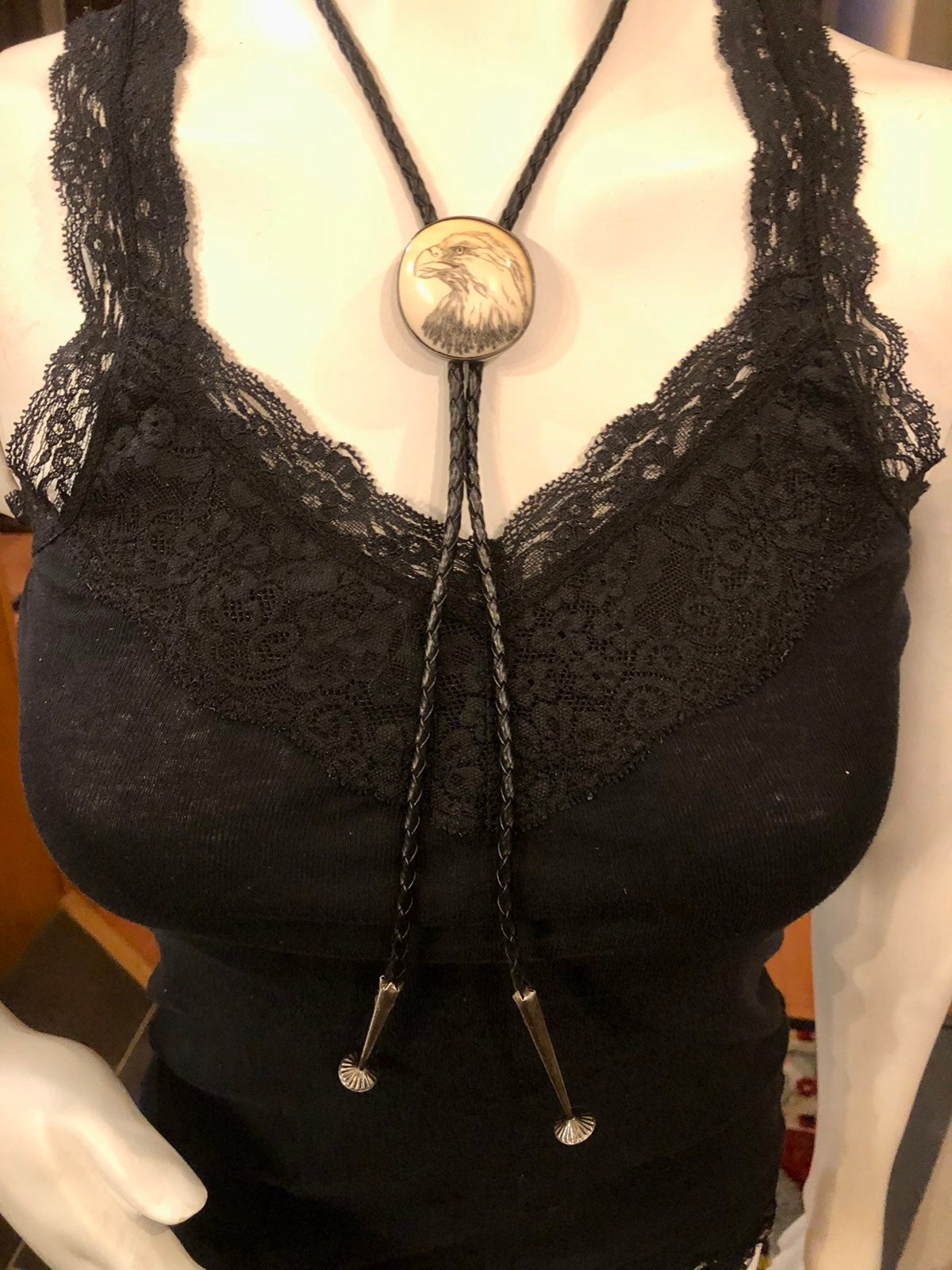 Sterling & Sketched Eagle on Bone Bolo Tie