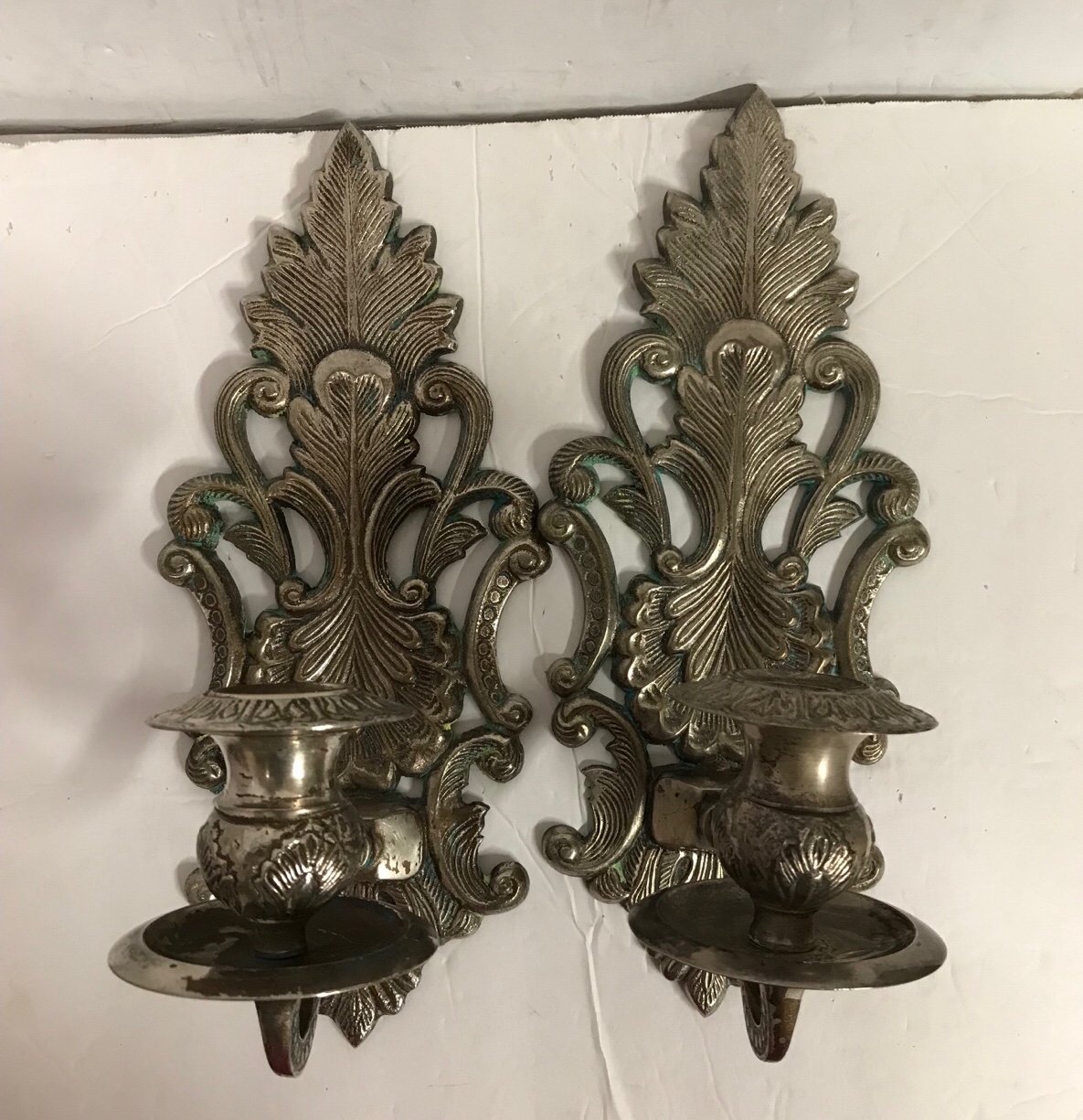 Rare Vintage Wall Sconces Candle Holders, Cast Iron Silver Metal Cuts 12.5
