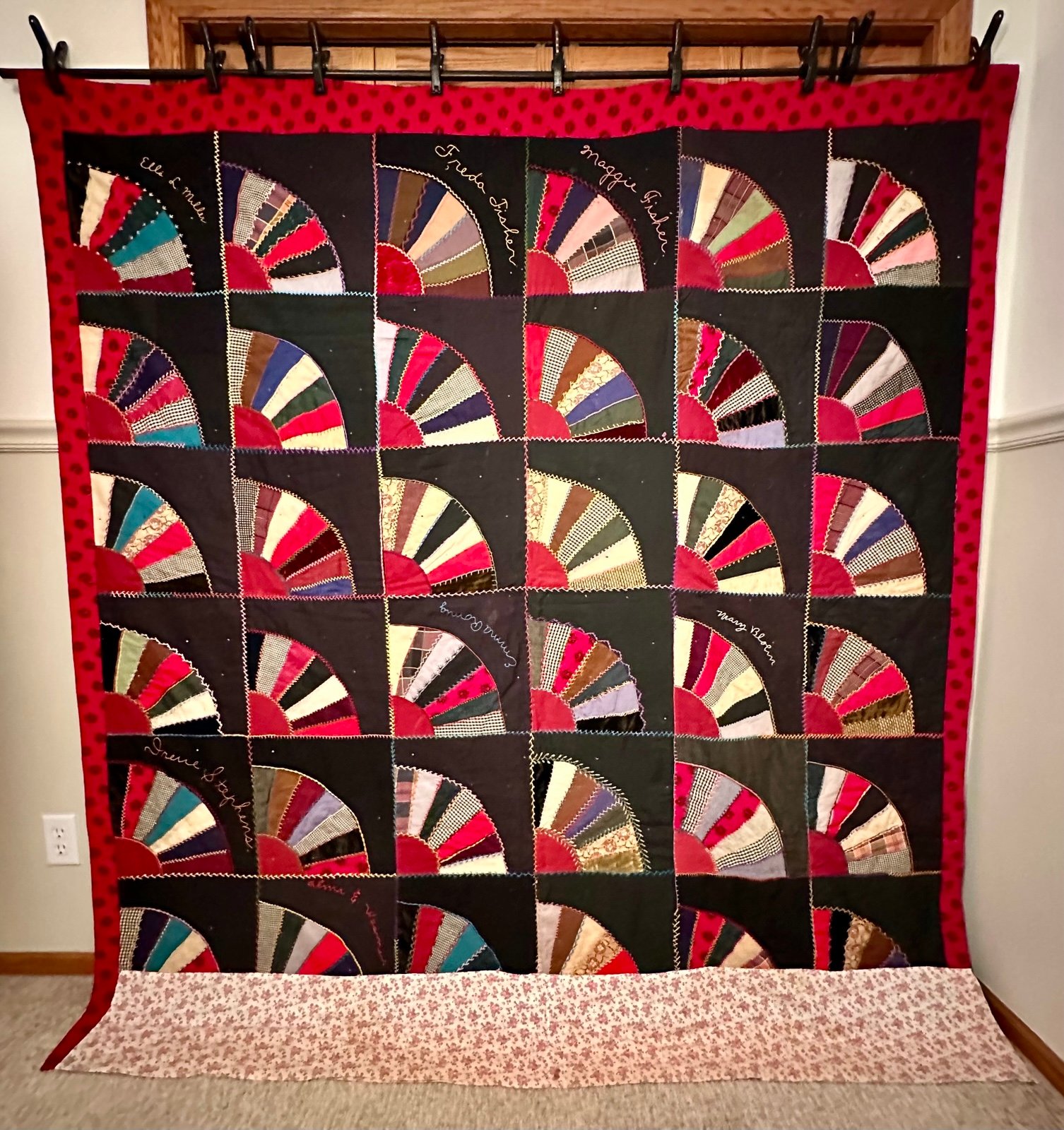 Handmade black and red fans crazy Quilt
