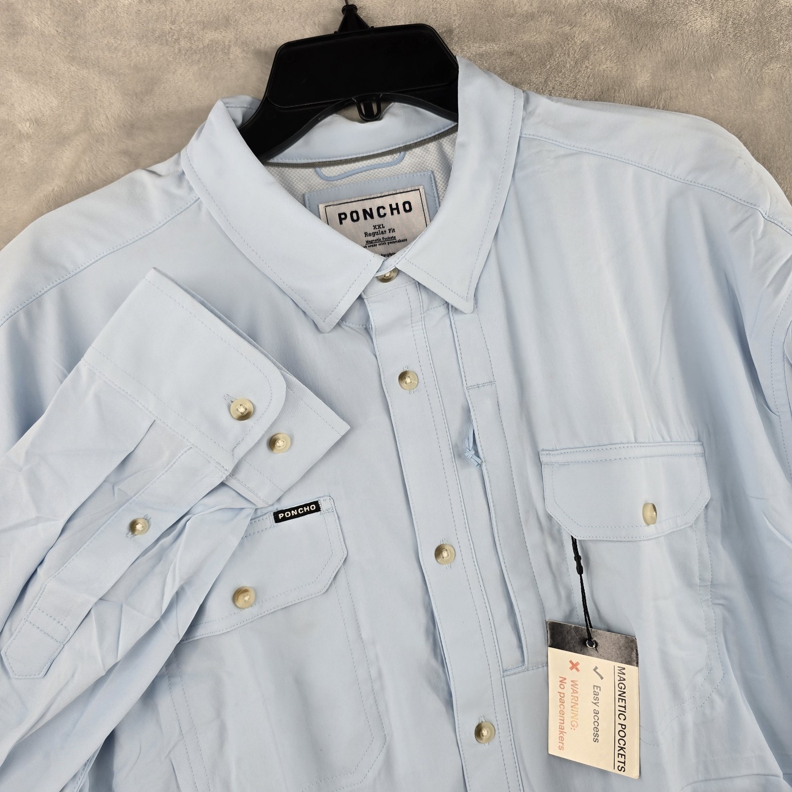Poncho Fishing Peformance Shirt Button Up Size 2XL Regular Blue Long Sleeve