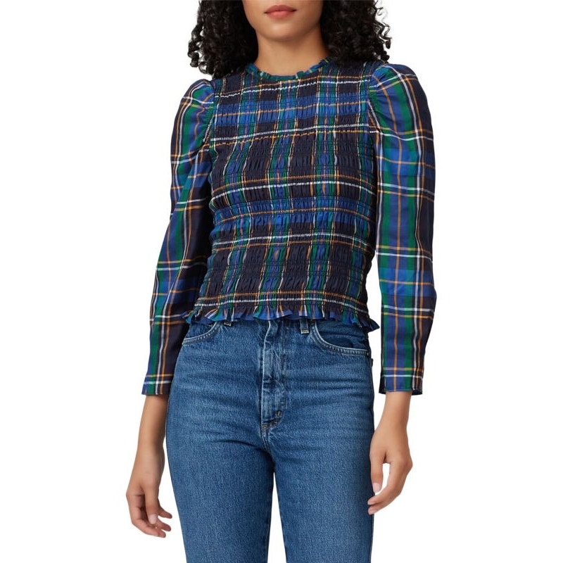 TANYA TAYLOR Blue Green Plaid Smocked Keyhole Back Long Sleeve Crop Top Size S