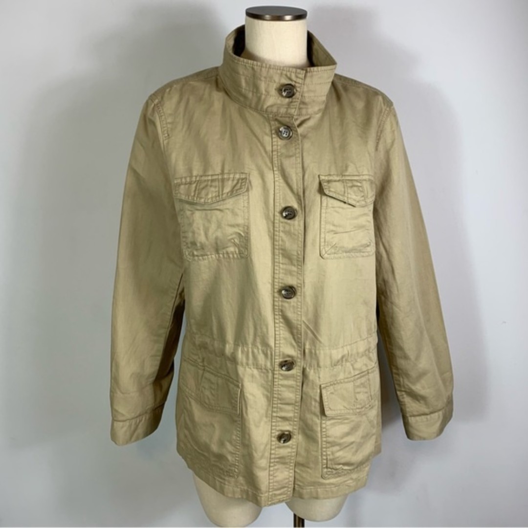 Talbots Tan Khaki Cargo Military Utility Jacket Cotton Linen Lyocell Blend XL