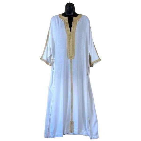 Vintage Moroccan White and Gold Trim Kaftan NWOT