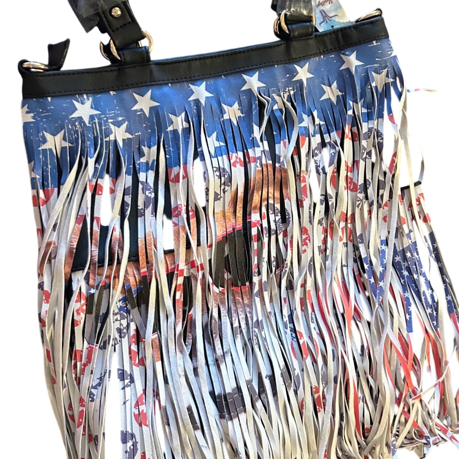 Heritage West Western Handbags WP303 Black American Flag Fringe Crossbody Bag