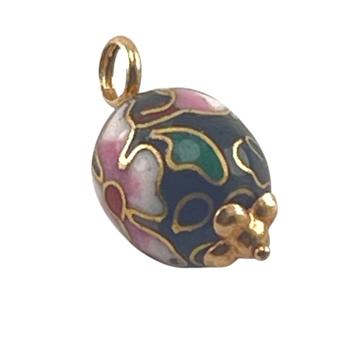 Cloisonné Floral Bead Pendant 14K Gold-Plated Charm 1/2 Oval Multicolor Enamel