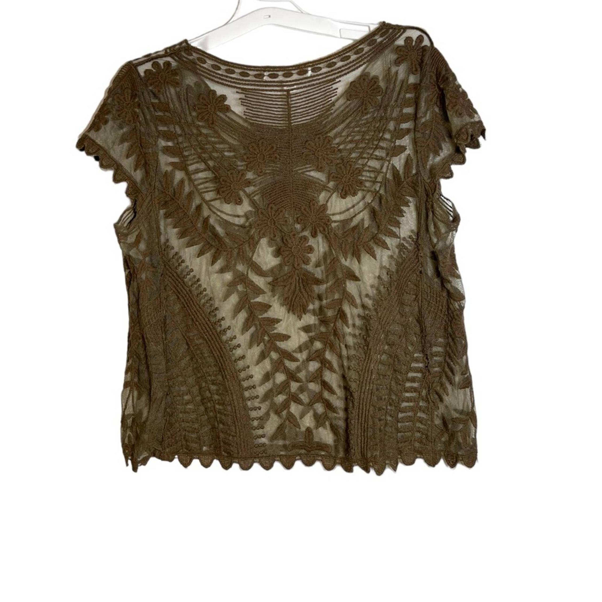 Say What Women’s Embroidered Mesh Neautral Short Sleeve Shirt Size M