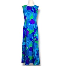 Vintage 60s Hawaii Maxi Dress Sleeveless Blue Green Bold Abstract Print Tropical