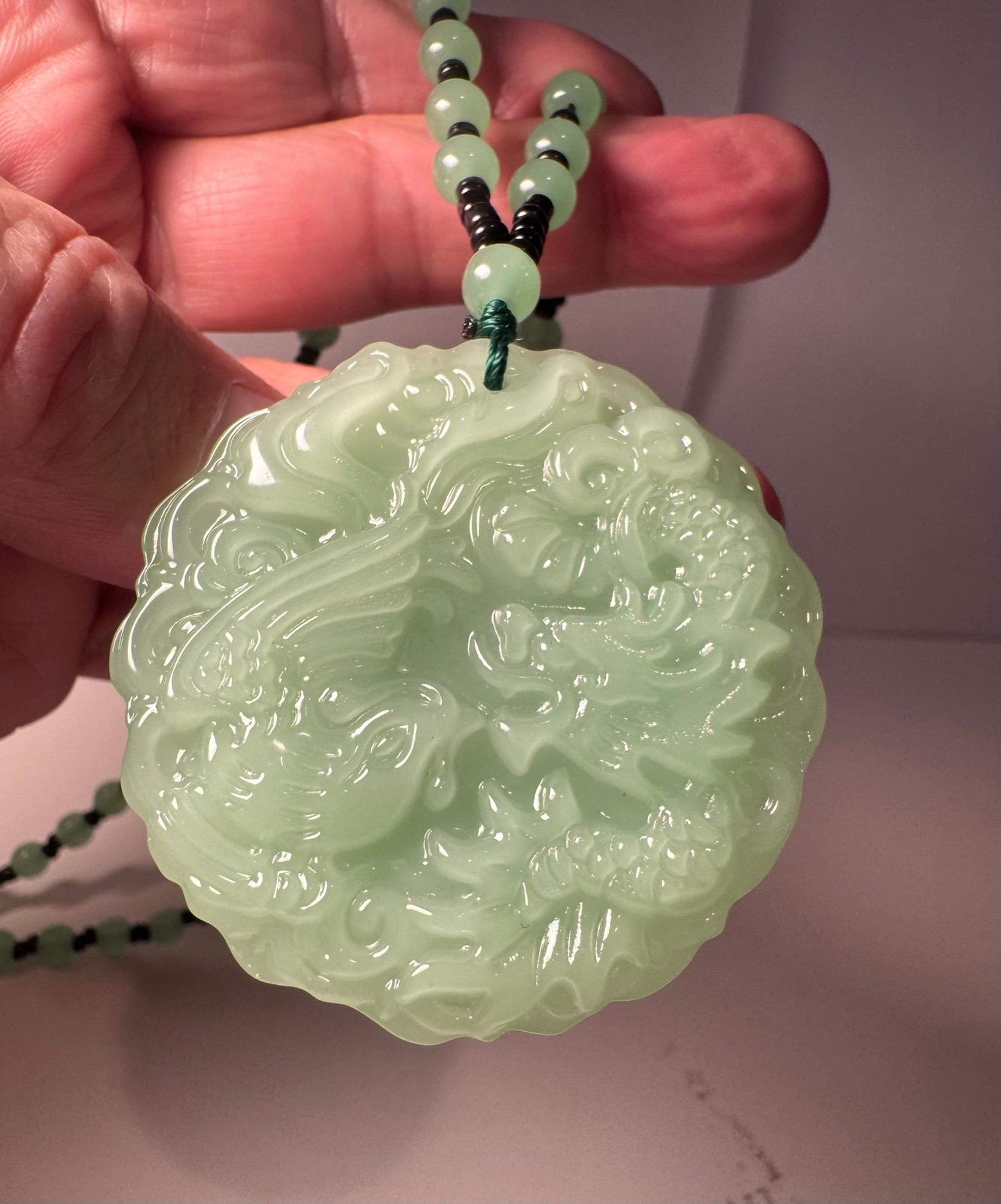Chinese Dragon and Phoenix Jadeite Jade Pendant, Light Green, Natural