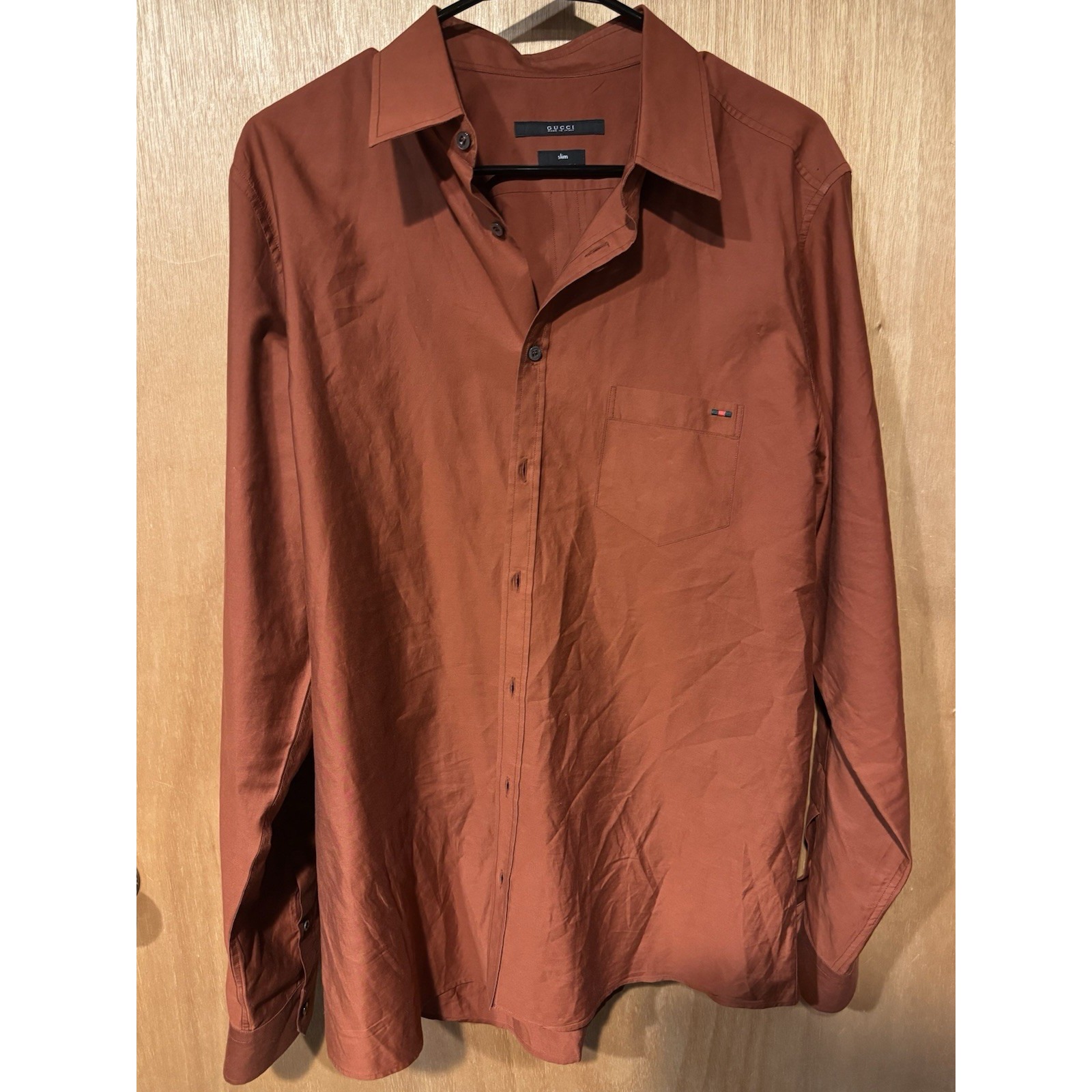 Gucci 43/17 Silk Cotton Blend Slim Long Sleeve Button Up Rust Color