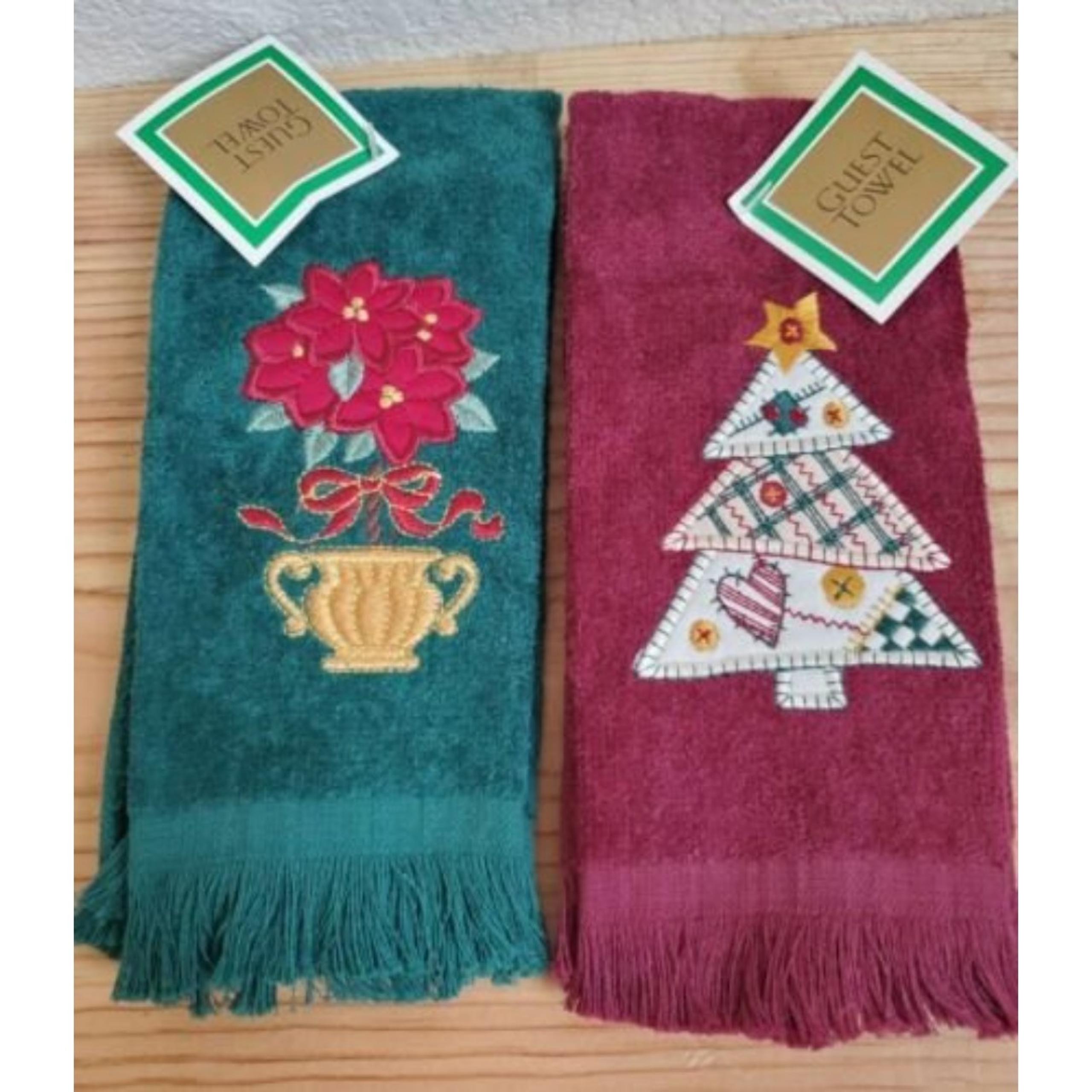 2x Vintage Christmas Towels Terry Hand Dish Kitchen Floral Tree New Old Stock