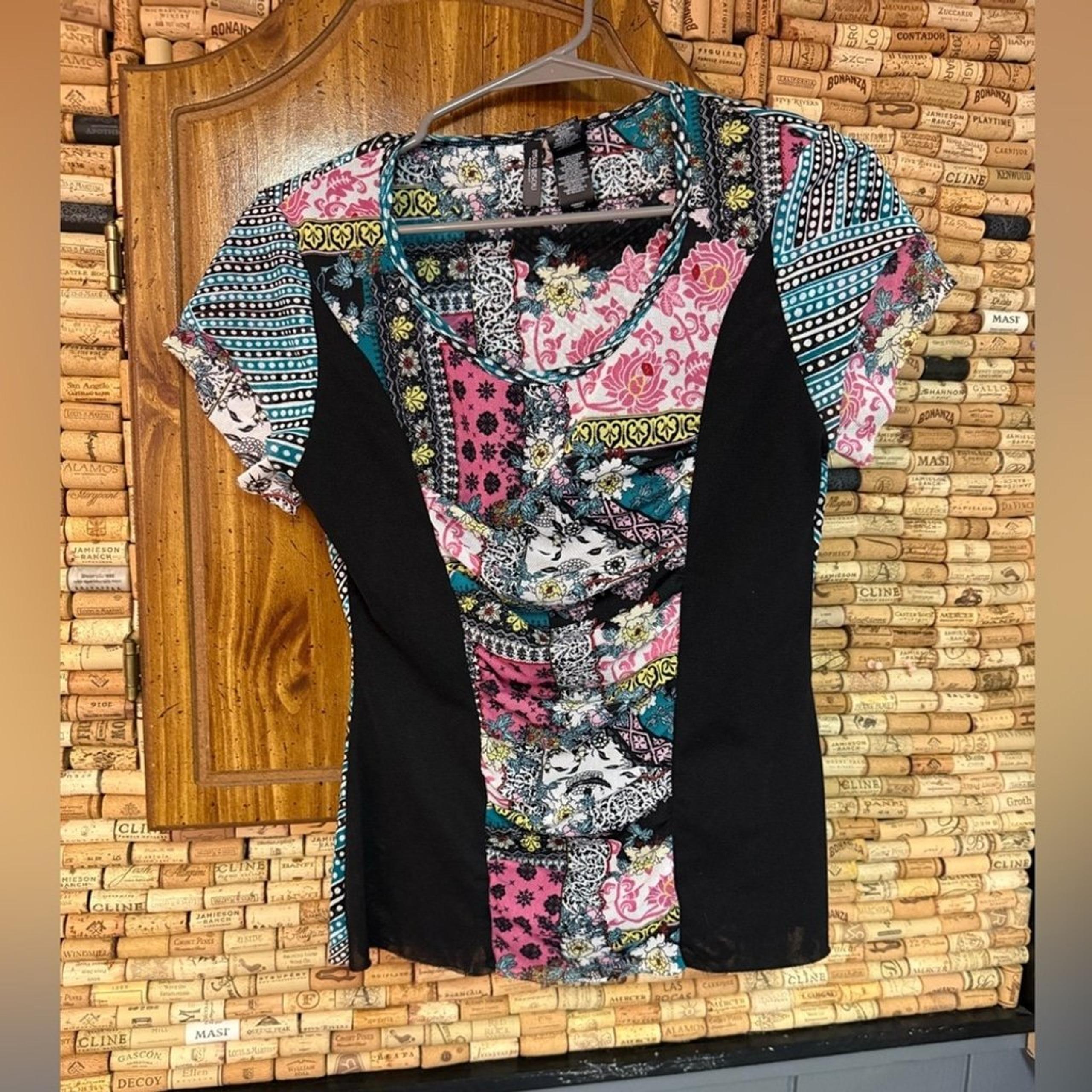 Y2K inspired Bisou Bious mesh paisley scrunch style shirt