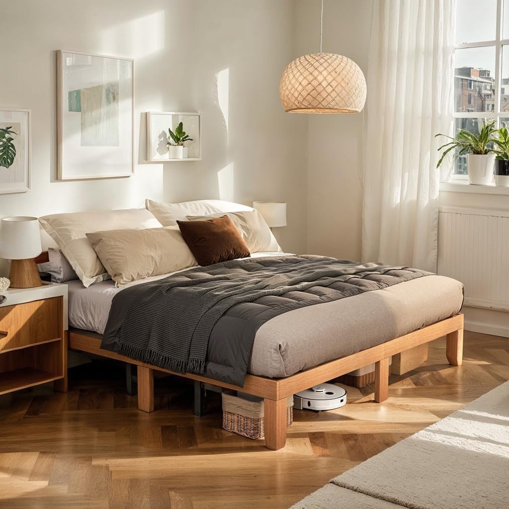 Queen Solid Wood Platform Bed, 12 Wood Queen Bed, Wood Slat Support Oak Finish