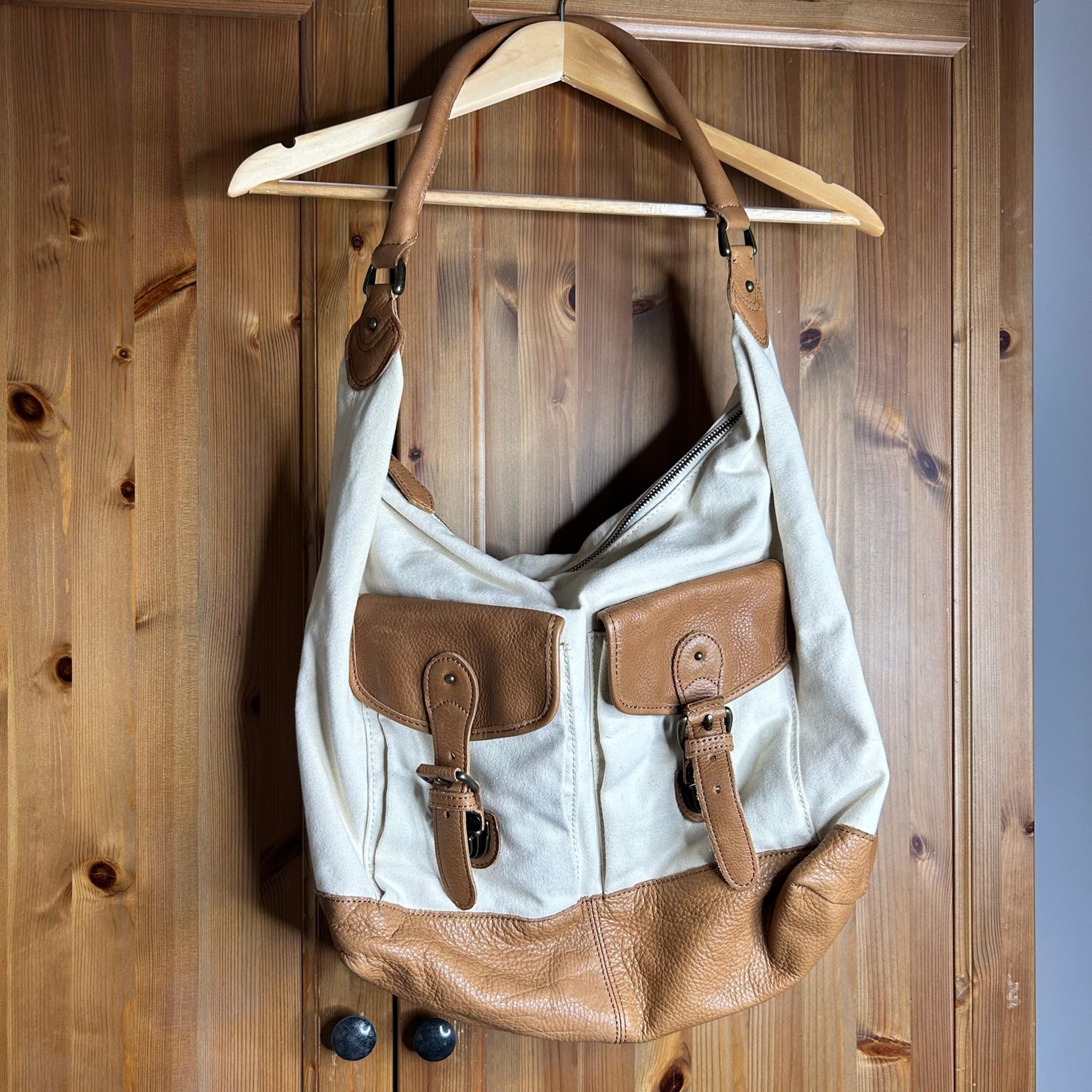 Vintage L.L. Bean Canvas Tote Shoulder Bag White Brown Pockets Beachy Outdoors