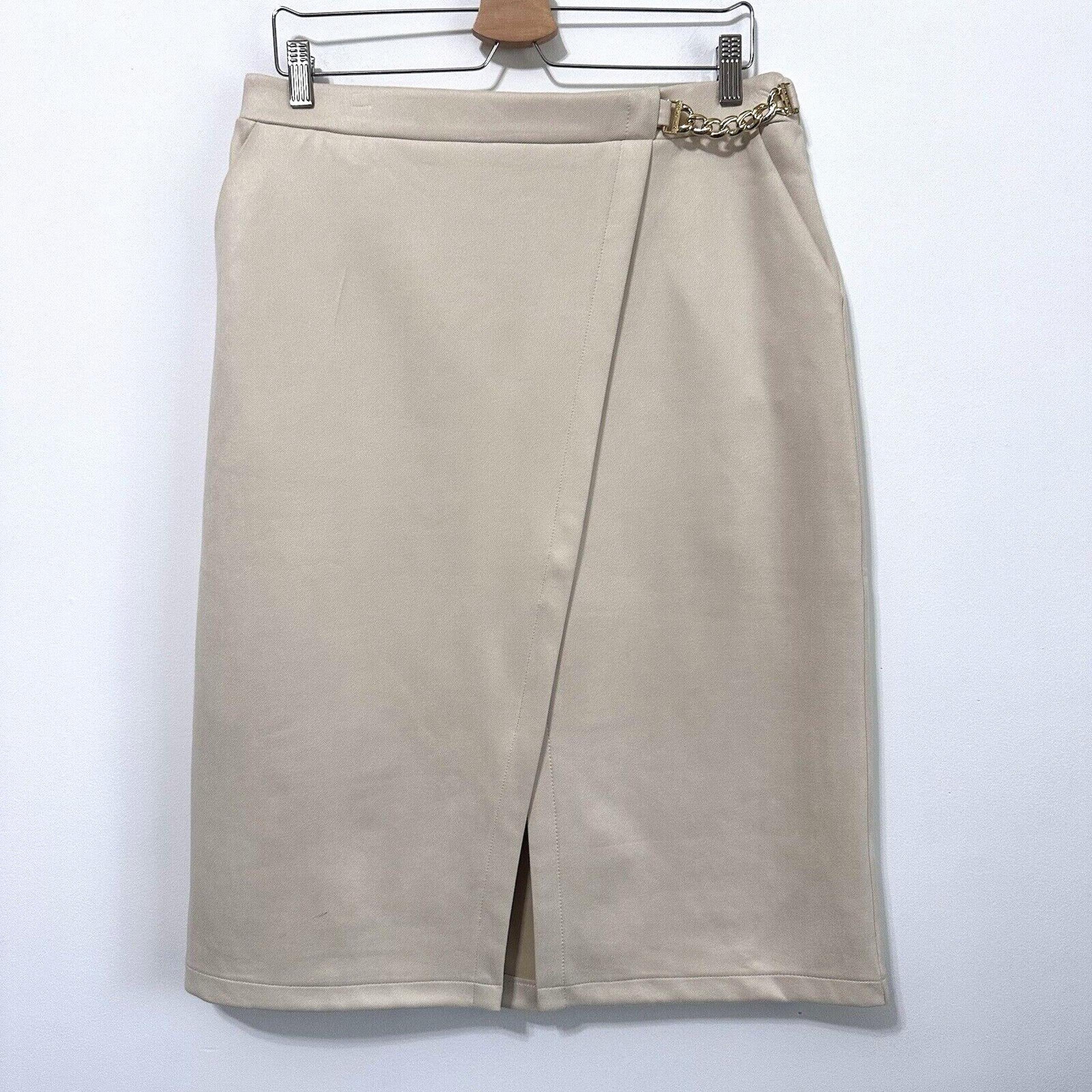 Marc New York Skirt M Tan Latte Wrap Front Gold Chain Pull On Workwear Party NEW
