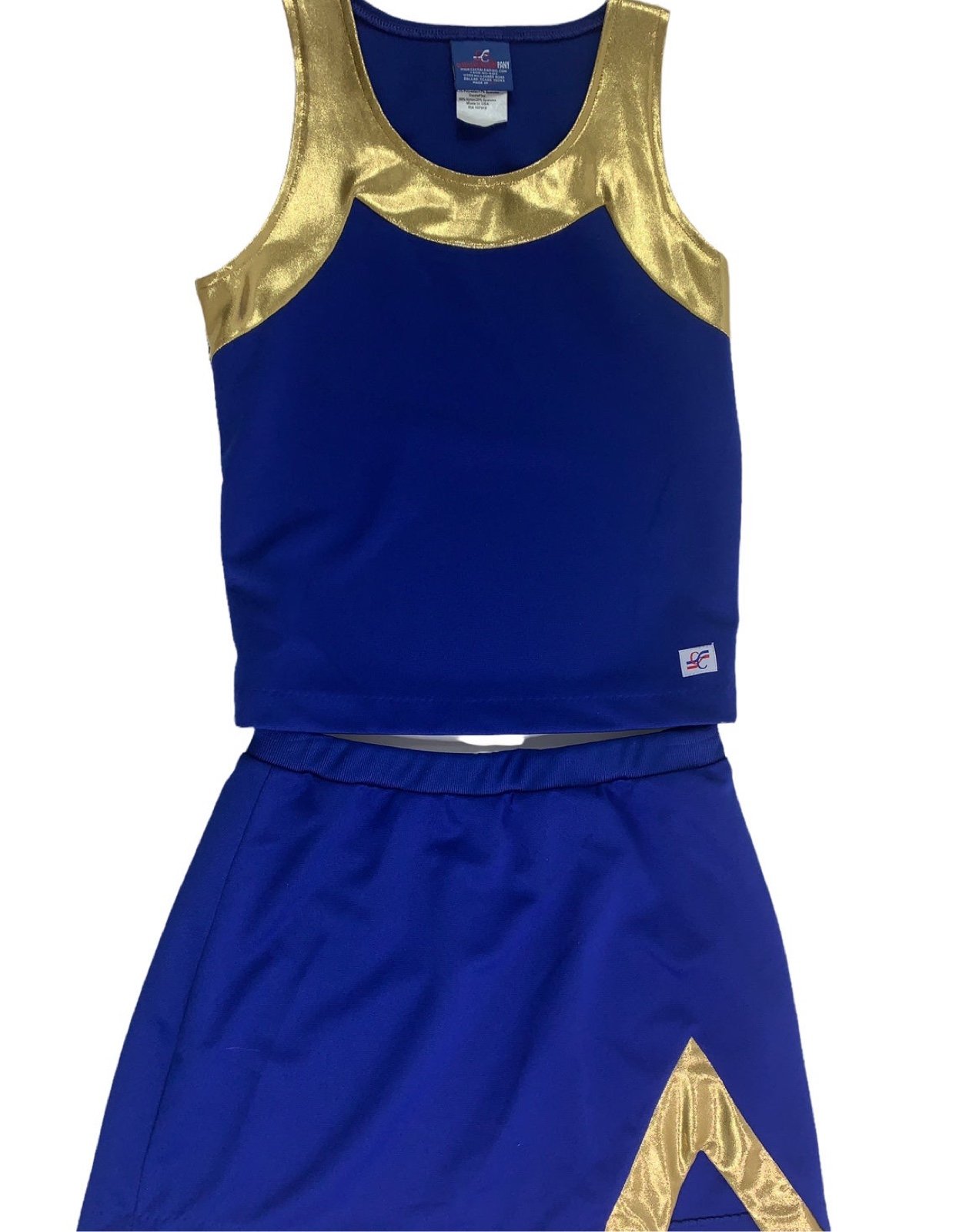 NEW Adult Cheerleader Uniform Metallic Gold Royal Blue 34 Top 26 Skirt Lovely