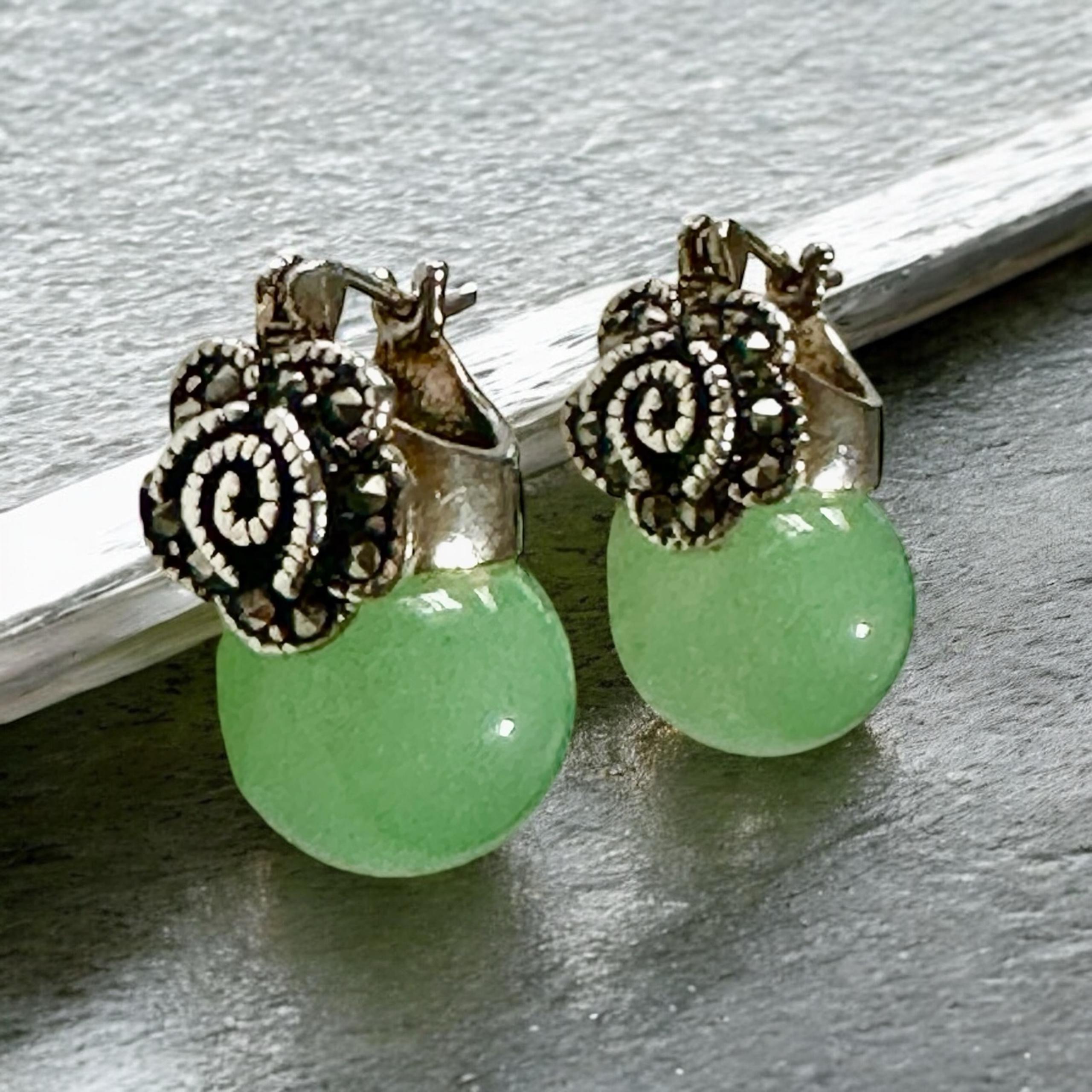 Marcasite Jade Earrings 925 Sterling Silver Post Earrings, Vintage, Antique