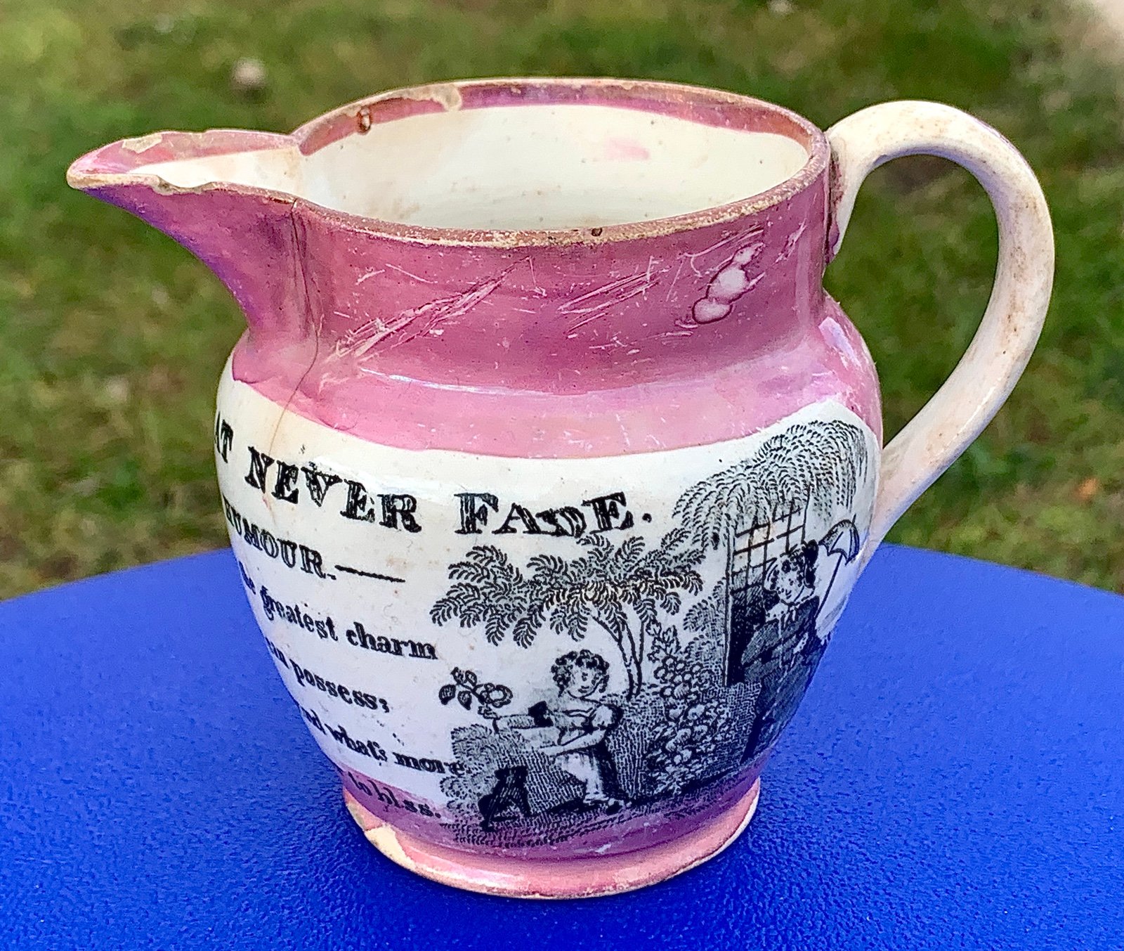 Circa 1805 Pink Lustre Sunderland GOOD HUMOUR Creamer Jug Pitcher