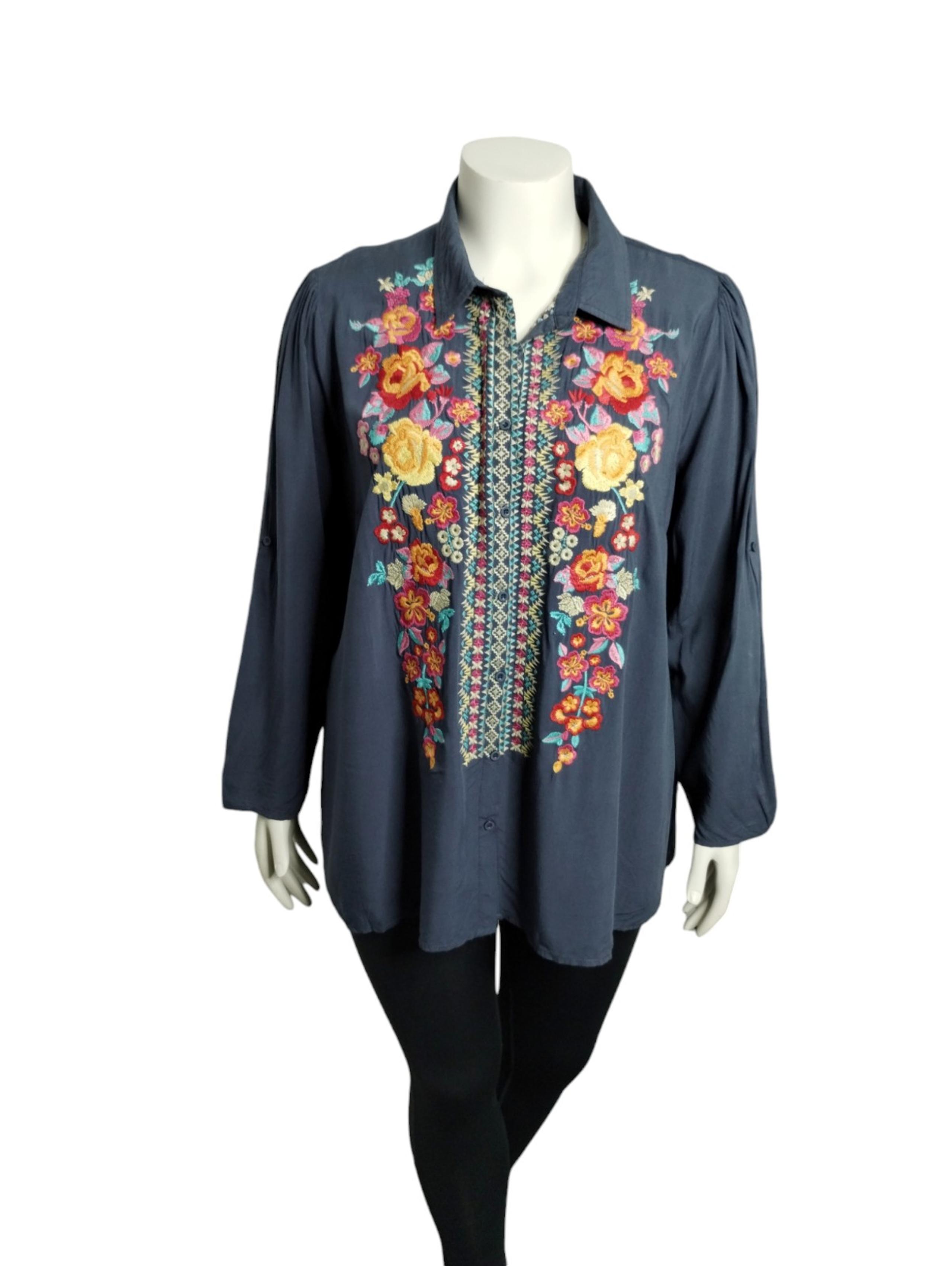 Giddy Up Glamour Embroidered Floral Boho 1X Top Cottagecore, Festival Tunic