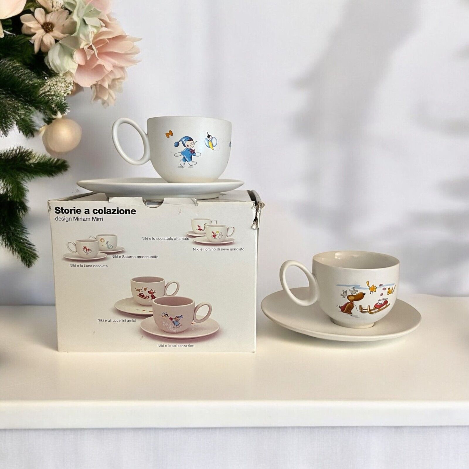Childrens Cup and Saucer Set. Niki E Gli Amici de Bambini Reindeer Christmas New