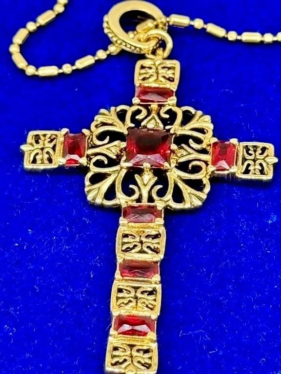 CAMROSE & KROSS Jacqueline Kennedy Red & Gold Cross Necklace in Box