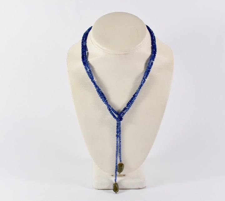 Faceted Blue Kyanite and Labradorite Lariat Necklace 42 inches with 14K Gold