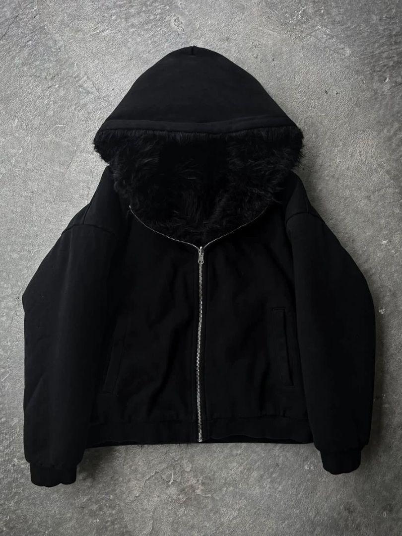 Y2K down jacket Opium, fur, hooded, reversible
