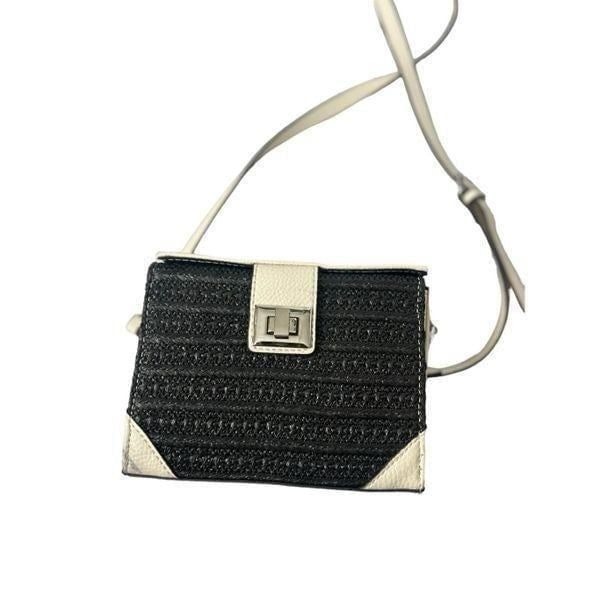 Steve Madden box purse black woven front on cream leather crossbody shoulder pur