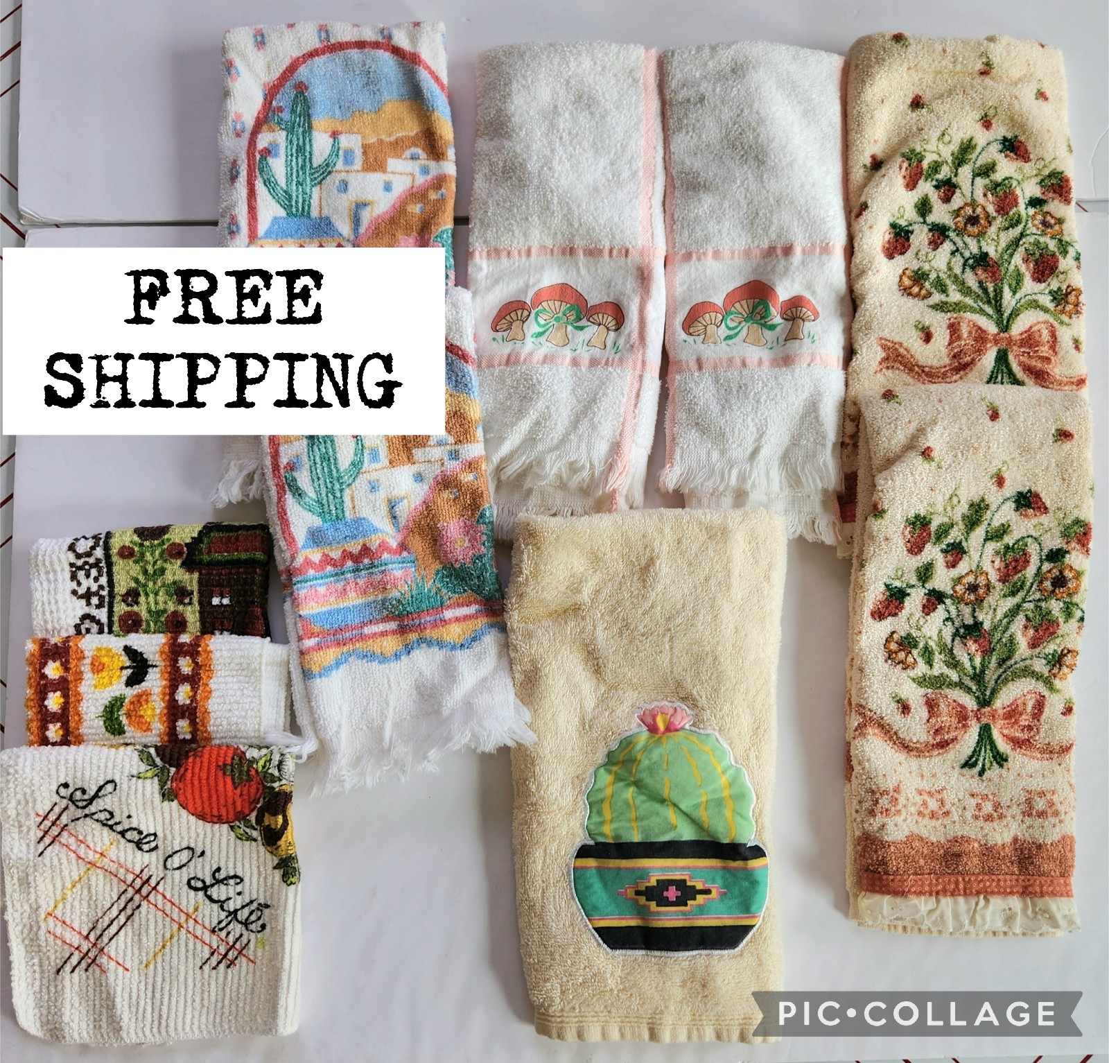10 Pc. 1980s Kitchen Towel Lot Hand & Dish Mushrooms Fringe Eylelet Lace EUC Vtg