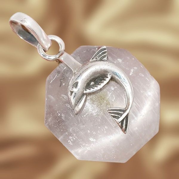 Dolphin Natural Selenite Sterling Silver Pendant