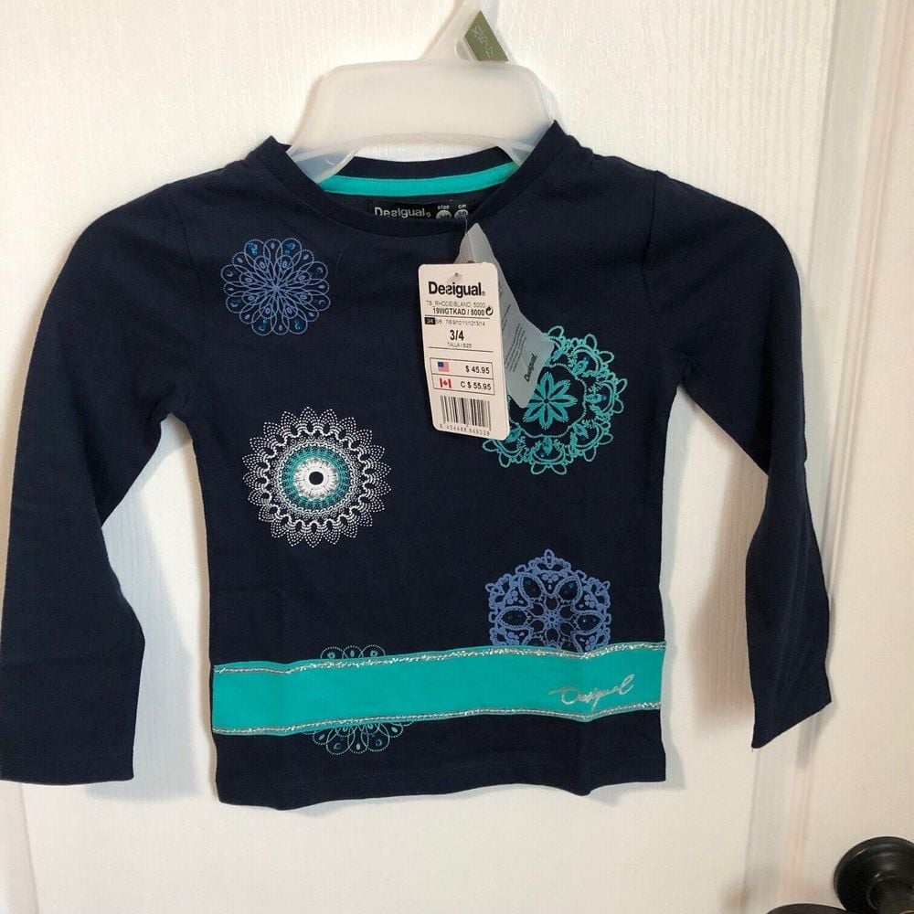 Desigual Girls' Blue Mandala Long Sleeve T-Shirt Size 3/4 NWT
