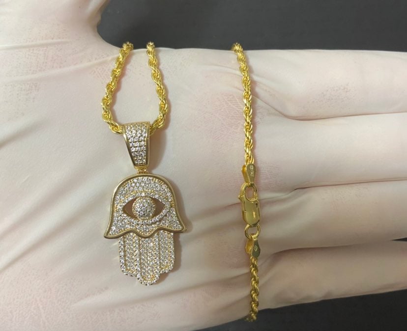 Gold real 925 diamond hamsa hand necklac