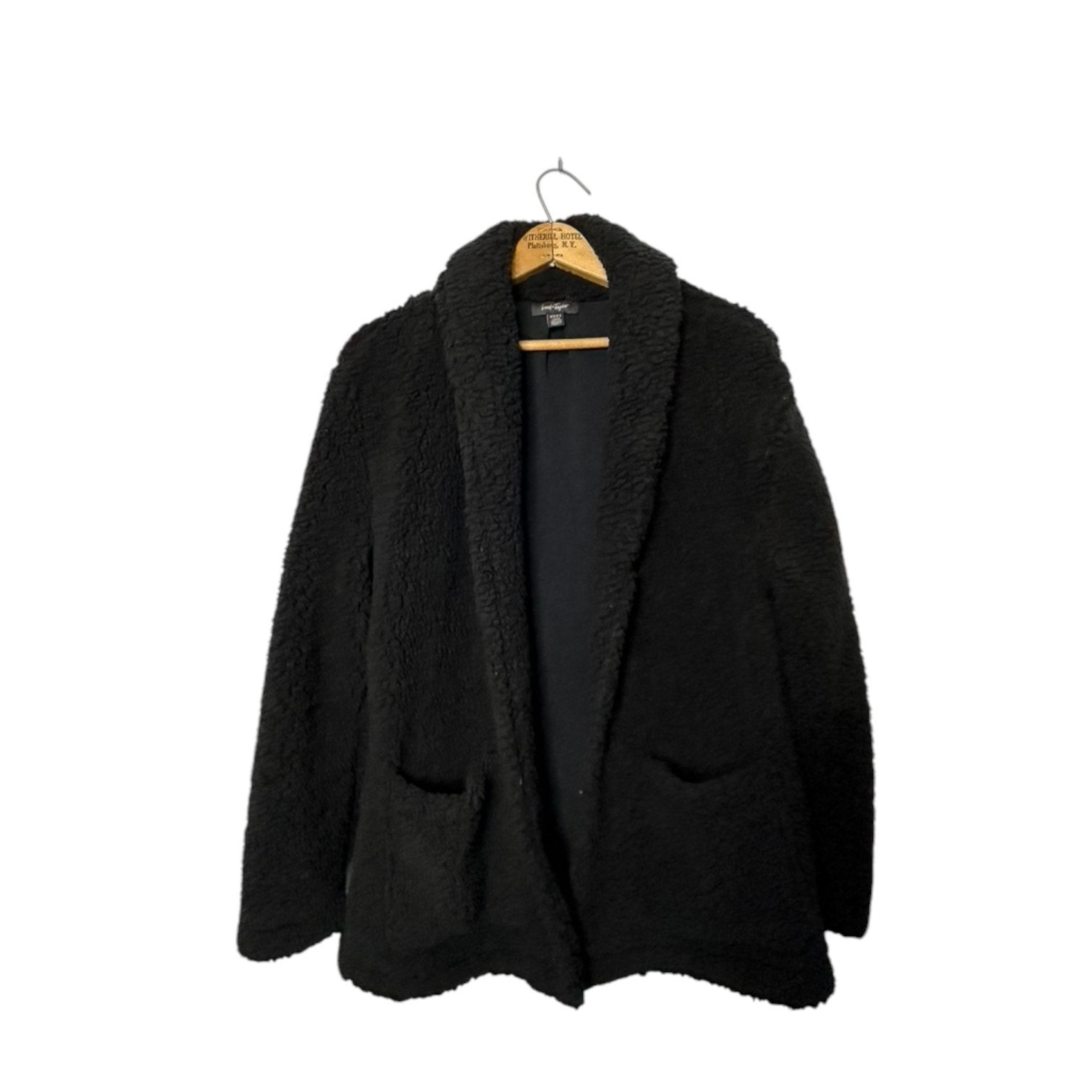 Lord & Taylor Black Teddy Bear Open Sweater Jacket Women's Medium Pockets