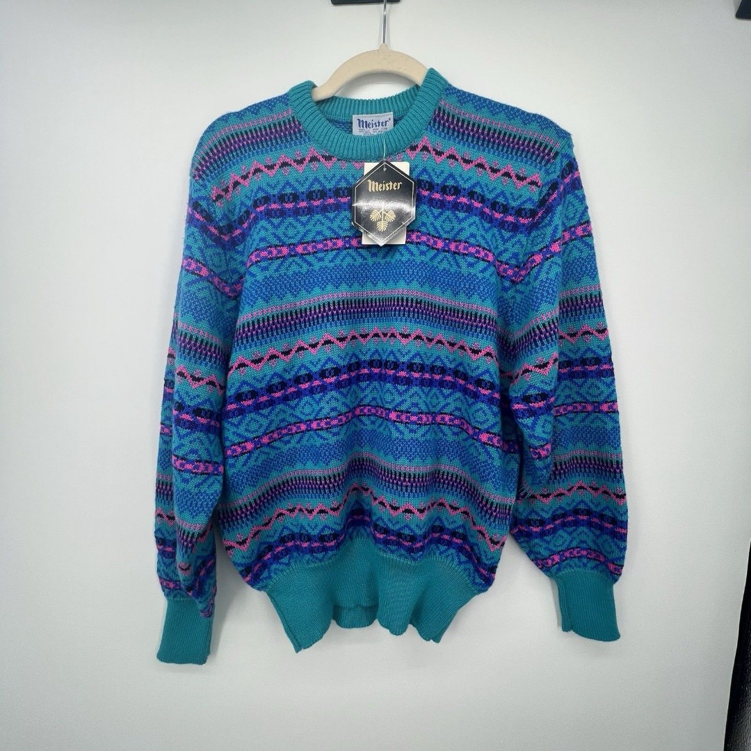 Vintage Meister Fair Isle Womens Sweater Sz M Wool Blend Colorful 90s Ski Lodge