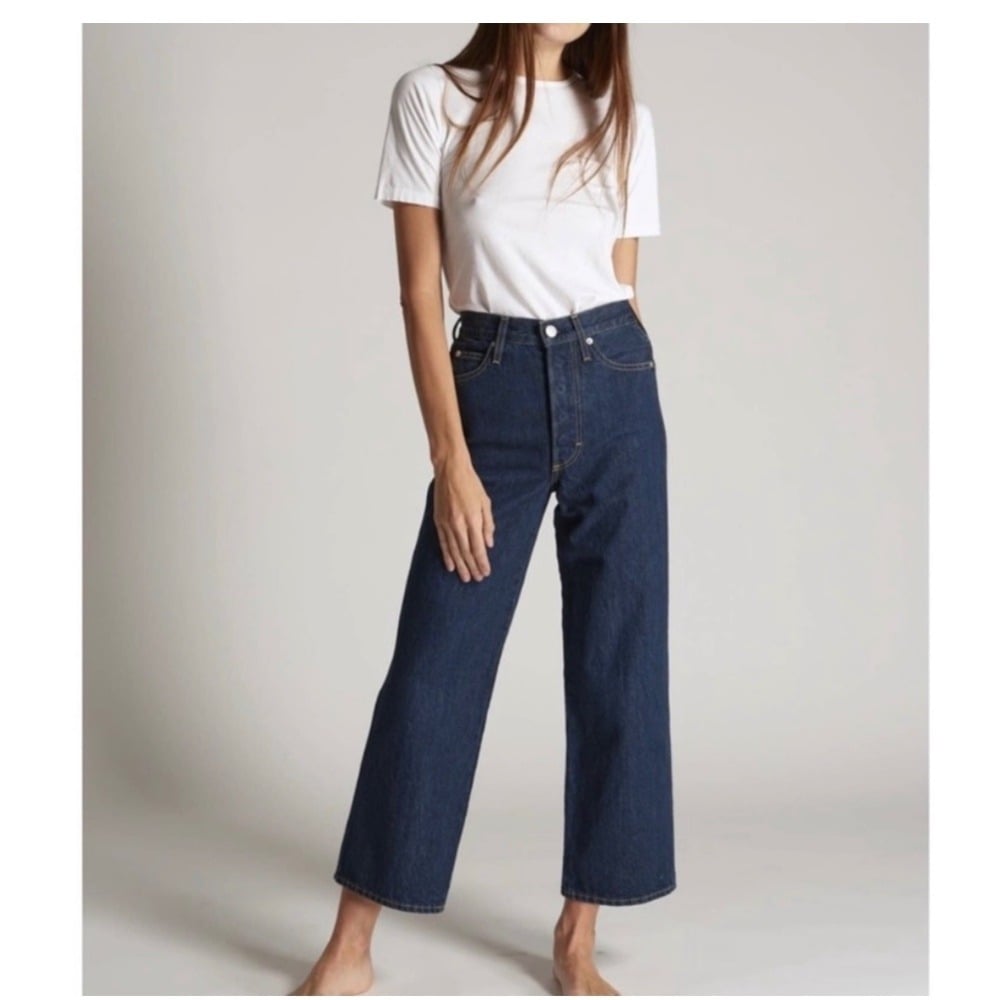 AMO Sophie High Rise Crop Wide Leg Jeans Indie Blue Size 28