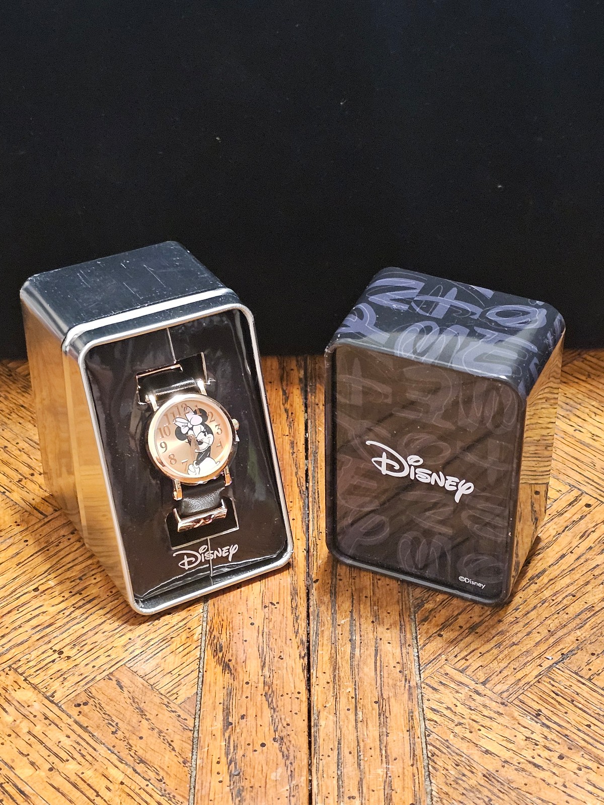 Vintage Minnie Mouse Watch With Black Leather Band - Gold