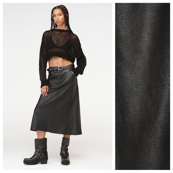 NWT. Zara Steven Meisel Black 100% Leather Midi Skirt. Size M.