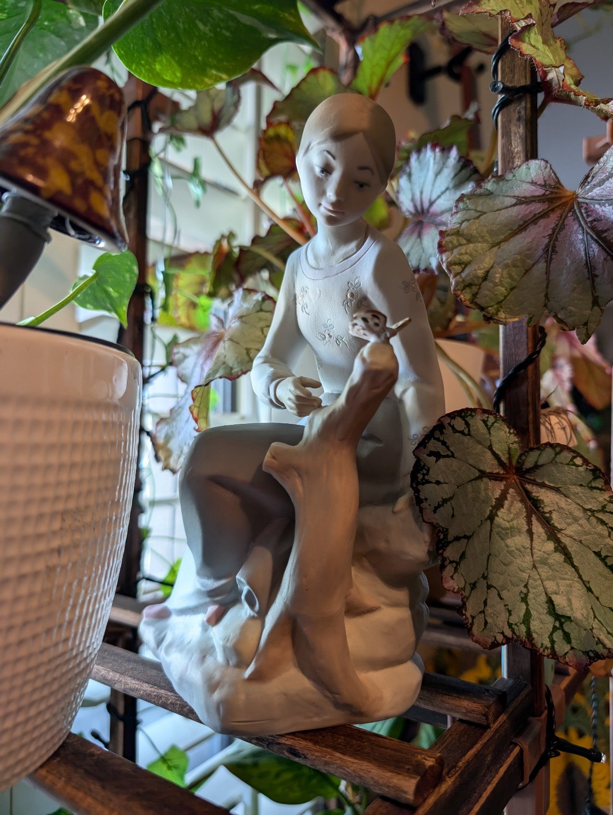 Vintage Porcelain Statue of Maiden with Butterfly - Enchanting Forest Scene