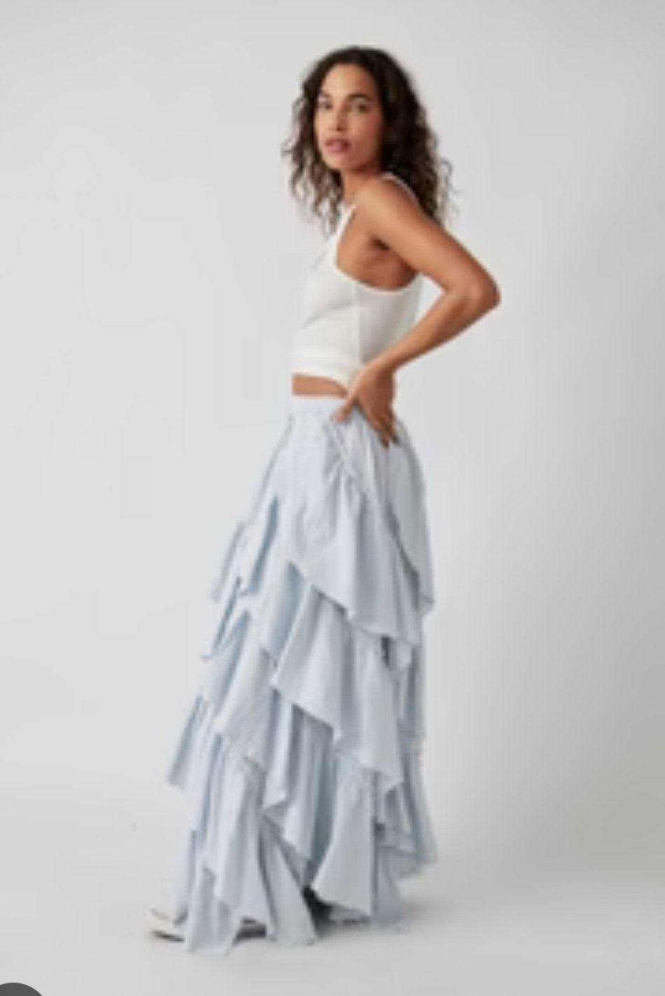 Free people rent the runway maxi skirt with French blue stripe and ruffles.